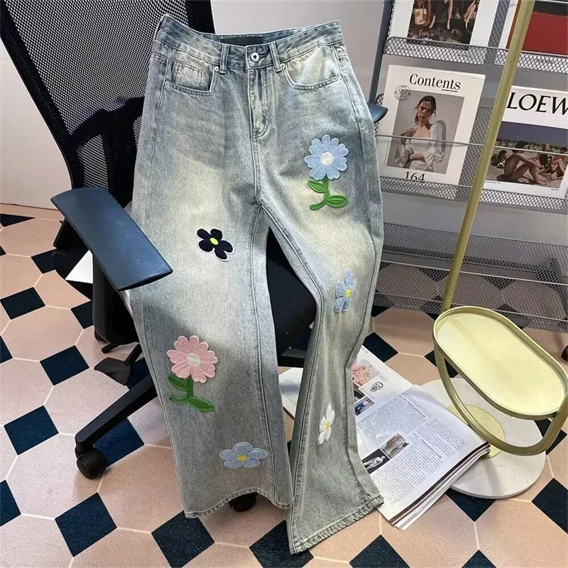 Flower Embroidered Baggy Jeans