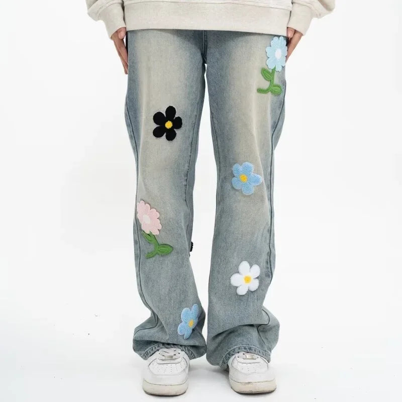 Flower Embroidered Baggy Jeans