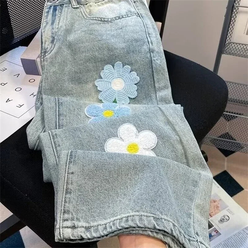 Flower Embroidered Baggy Jeans
